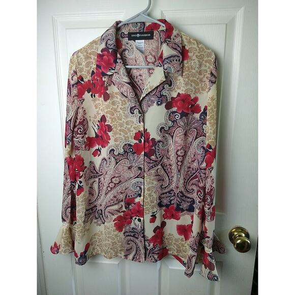 Sag Harbor Semi Sheer Long Sleeve V Neck Collared Paisley Floral Blouse. Size 14 - Picture 1 of 11